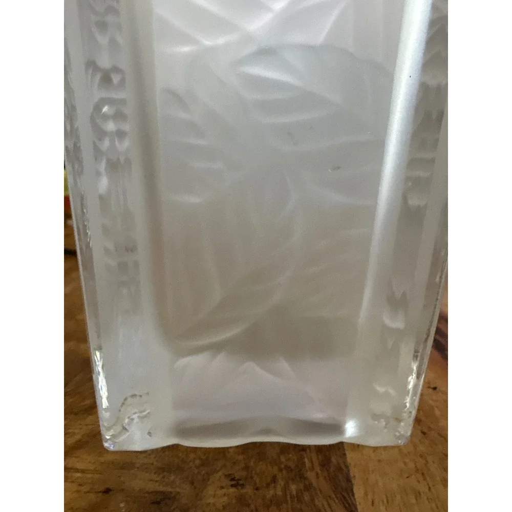 Mikasa Frosted Art Glass Square Vase Embossed Leaf Pattern Clear Corners